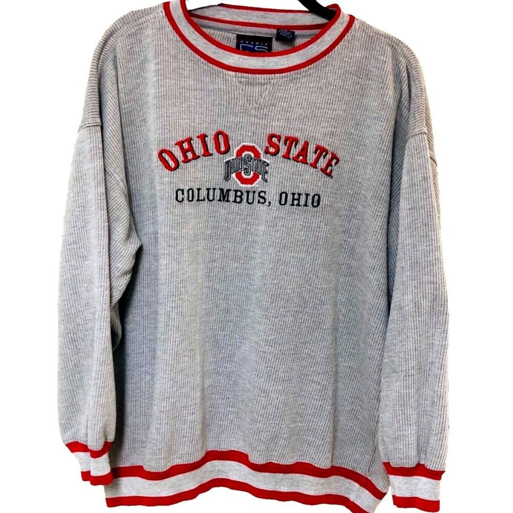 VTG Ohio State Varsity Textured Sweater Men XL Embroidered Logo CS Crable Gray‎